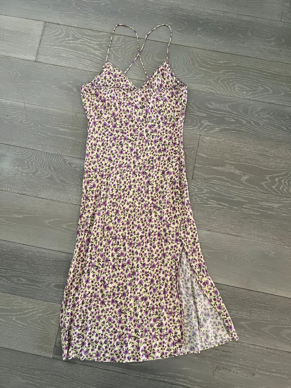 Zara pale yellow cami slip dress with purple floral pattern, size L